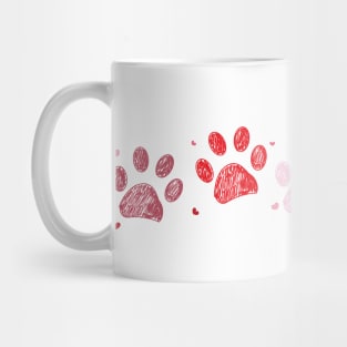 Happy Valentine's Day greeting card with red hearts and paw prints Mug